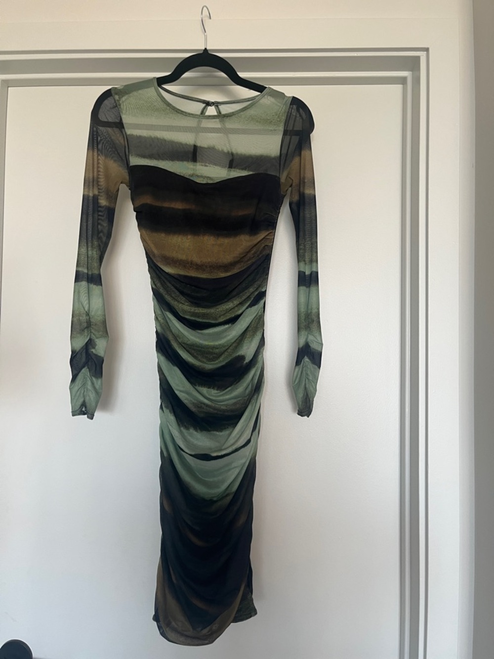 Anthropologie Long-Sleeve Ombre Ruched Mesh Midi Dress in Green & Brown